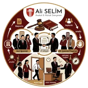 Alt işveren (taşeron) yönetimi süreçleri, asıl işveren müteselsil sorumluluğu ve muvazaa riski analizi dairesel şeması - Avukat Ali Selim.