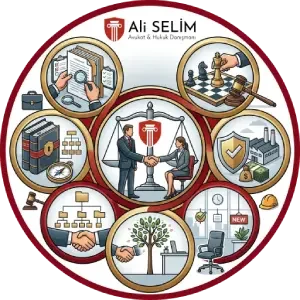 İşe iade davalarında işveren savunma stratejileri, geçerli sebep ispatı ve risk yönetimi dairesel şeması - Avukat Ali Selim